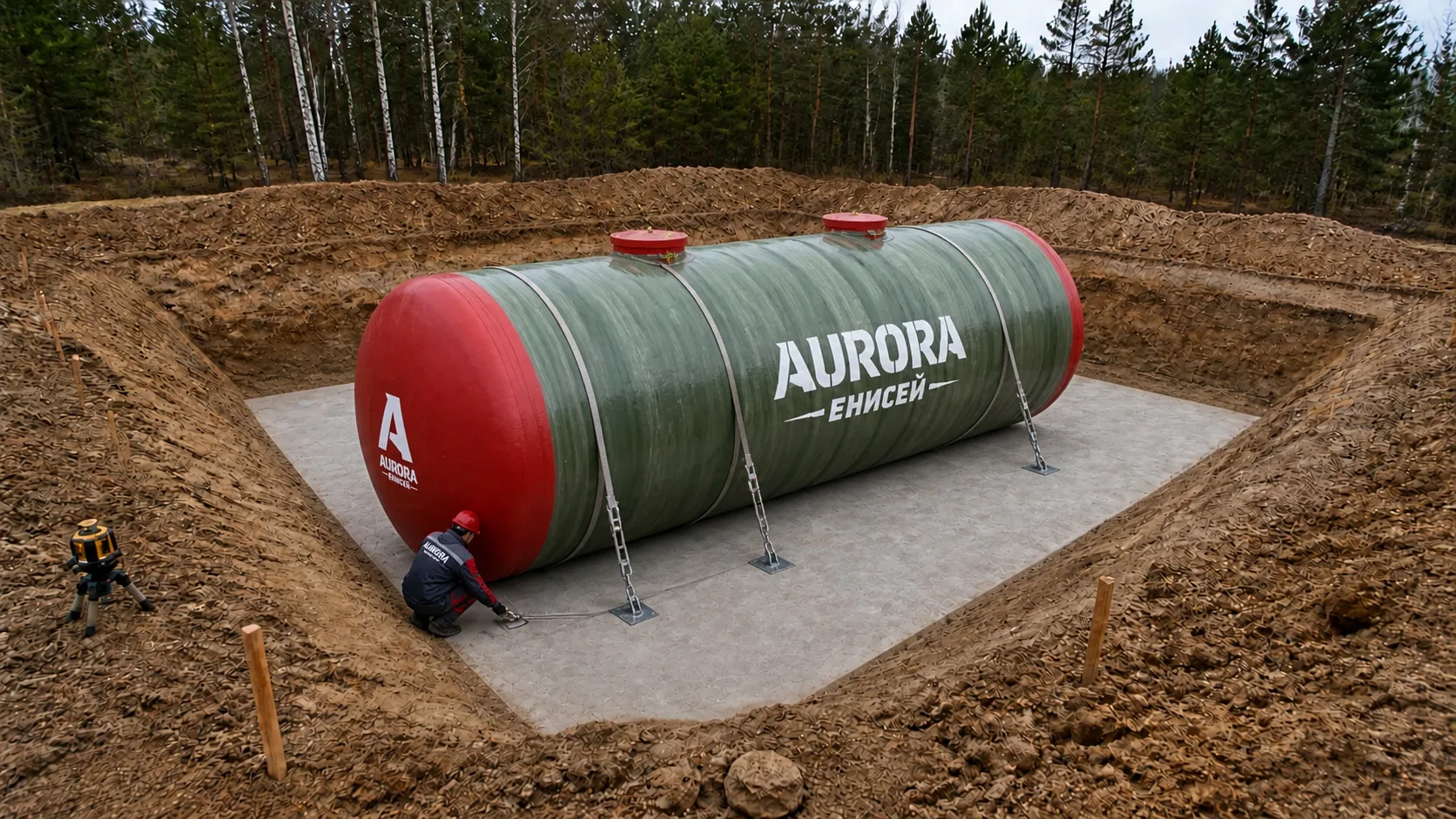 Резервуар Aurora Енисей закреплён тросами к железобетонной плите